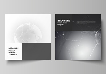 Vector layout of two square format covers design templates for brochure, flyer. Futuristic design with world globe, connecting lines and dots. Global network connections, technology digital concept.