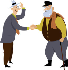 Two senior men exchange a friendly handshake, EPS 8 vector illustration