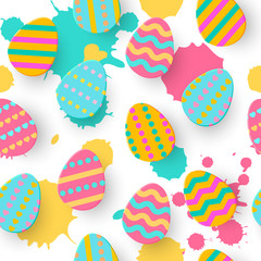 Seamless pattern of Easter Egg Paper cut style. Cute layered Eggs Hunt greeting card. Geometric holiday colorful backdrop, papercut. Festive posters, wrap, sale, article, add, web