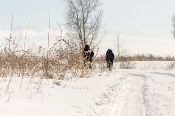 Elderly couple walking in winter