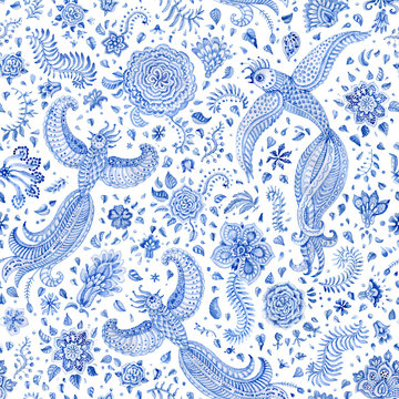 Abstract floral seamless pattern of blue watercolor painted exotic peacock bird, paisley elements, fantastic textured flower, fairy foliage on a white background. Textile print, wallpaper, wrapping 