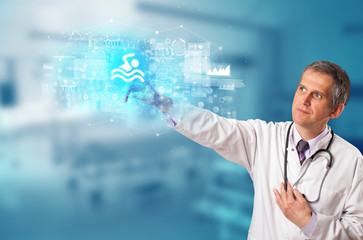 Fototapeta na wymiar Doctor touching hologram screen displaying healthcare running symbols 