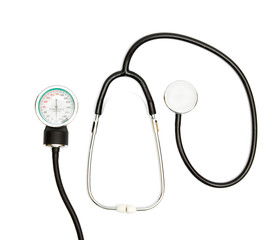 Medical Concept with stethoscope, blood pressure gauge isolated on white. Copy Space. Close up view