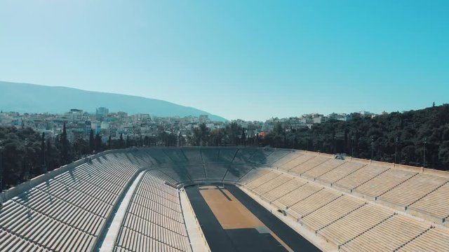 Aerial drone video of iconic Panathenaic stadium or Kalimarmaro, Athens historic centre, Attica, Greece
