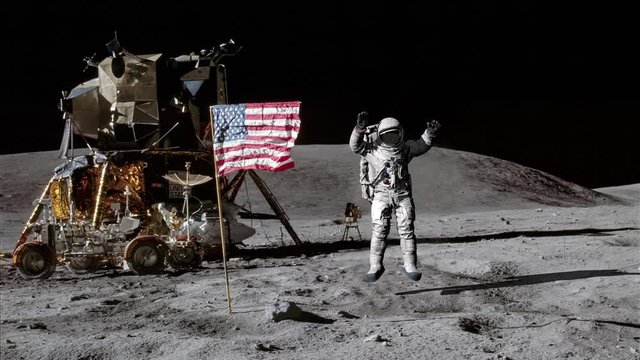 Astronaut jumping on the moon and saluting the American flag.. Some Elements of this video furnished by NASA.