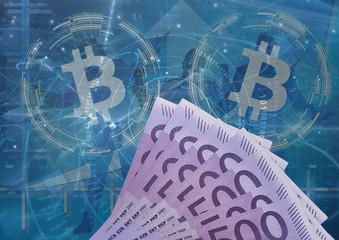 Bitcoinsymbol mit 500 Euroscheinen