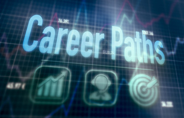 A Career Paths concept on a blue dot matrix computer display.