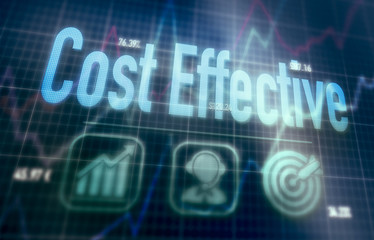 Cost Effective concept on a blue dot matrix computer display.