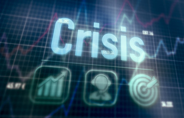 Crisis concept on a blue dot matrix computer display.