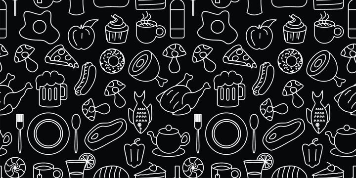 Hand drawn set of healthy food ingredient doodles seamless pattern with line art style in vector