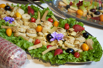 Healthy food tray background, close-up. Catering wedding buffet table 