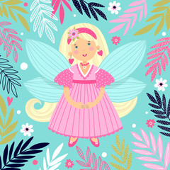 Illustration with a girl. Fairy in cartoon style