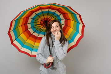 Confused woman in gray sweater, scarf looking up, gnawing nails, hold colorful umbrella isolated on grey background. Healthy fashion lifestyle people emotions, cold season concept. Mock up copy space.