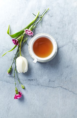 A cup of tea, dianthus flowers and white tulip on gray stone background. Flat lay. Copy space