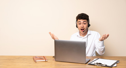 Telemarketer man with shocked facial expression