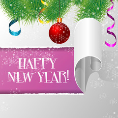 New Year card. Christmas fir branch with ball and serpentine