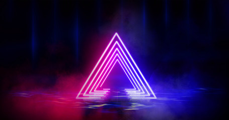 The metal construction with a triangle is highlighted by a new light, thick smoke, smog. Tunnel...