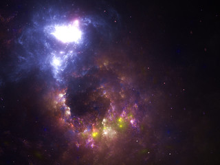 Starfield, stars and space dust scattered throughout the universe. Vast open interstellar space, cosmic abstract artwork. Glowing cloud nebula, interplanetary travel, astral artwork.