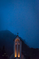 Stone Church, Holy Rosary Church, Historical Catholic Church illuminated at night, Sa Pa, northwestern Vietnam