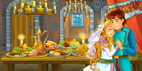 Cartoon fairy tale scene with prince and princess married couple by the table full of food - illustration for children