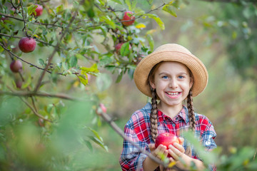 Portrait of a cute girl in a farm garden with a red apple.