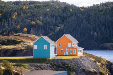 View of a small town on the Atlantic Ocean Coast during a sunny day. Taken in Trinity, Newfoundland and Labrador, Canada.