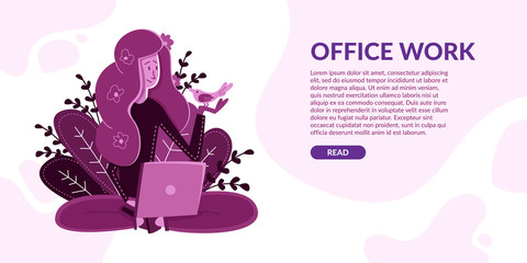 Vector Flat Banner young girl freelancer enjoy.