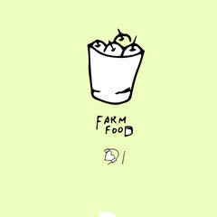 Farm Food text and Bucket of Apples, freehand drawing