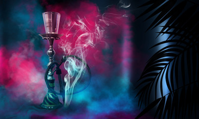 Hookah on the background of neon lamps and tropical leaves