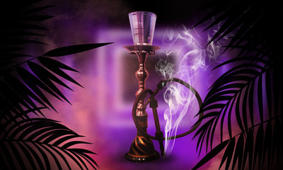 Hookah on the background of neon lamps and tropical leaves