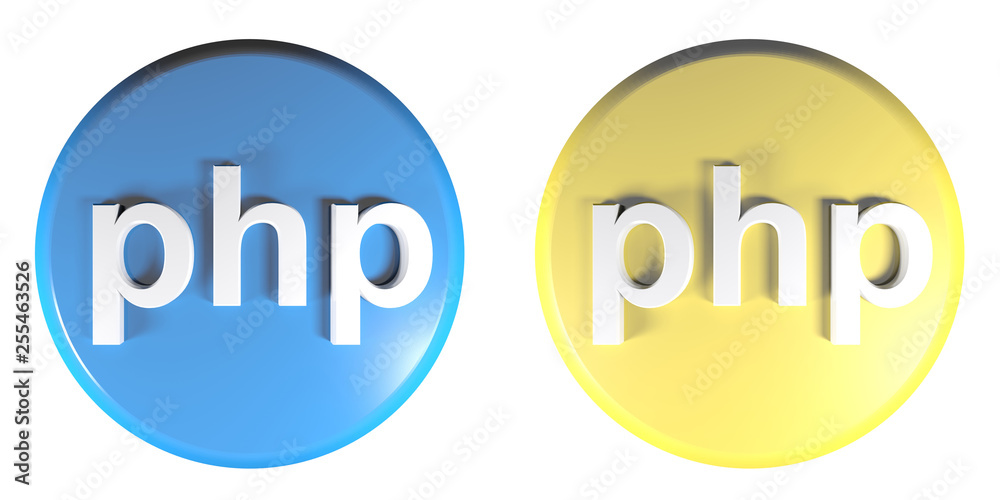 Aufkleber php blue and yellow circle push buttons - 3d rendering illustration