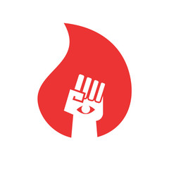 Power hand sign with eye graphic inside a red flame
