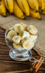close up on glass jar with pieces of banana