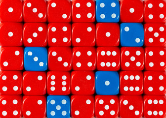 Background of random ordered red dices with five blue cubes
