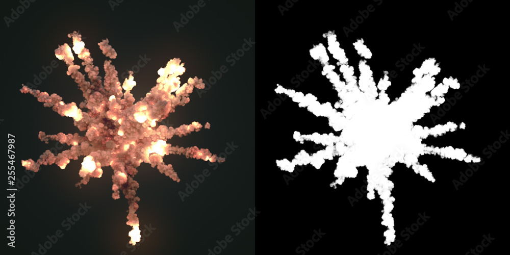 Poster Composition with large explosions in dark plus alpha channel. 3d rendering