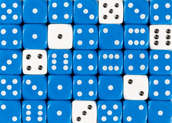 Background of random ordered blue dices with six white cubes