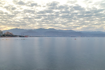 View of Red Sea with mountain and Aqaba city in Jordan.