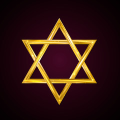 Jewish Star of David. Golden six-pointed star on a dark background. 3d realistic hexagonal figure. Gold Magen David. Vector icon. Easy to edit template for jour designs.