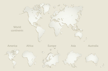 World continents map, America, Europe, Africa, Asia, Australia, old paper vector