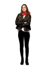 Full-length shot of Young woman with leather jacket portrait on isolated white background