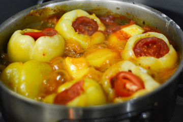 red, meal, paprika, healthy, cheese, food, lunch, stuffed, dinner, vegetable, pepper, dish, homemade, green, cuisine, bell, meat, appetizer, rice, greek, filled, yellow, closeup, baked, organic, chick