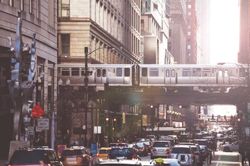Tuinposter Busy street in Chicago downtown cars and metro © Sergey Novikov
