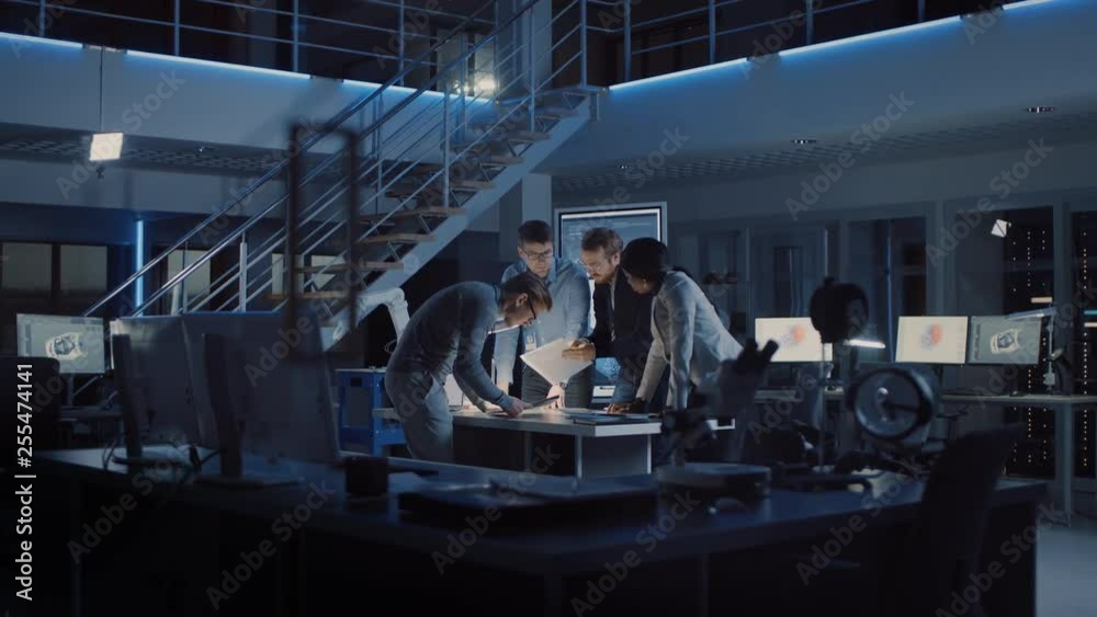 Leinwandbilder diverse team of electronics development engineers standing at the desk working with documents, solvi
