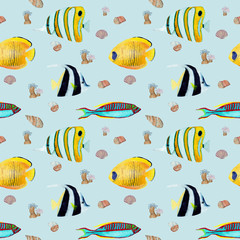 Hand drawn seamless pattern in watercolor natural element. Corals shells fish on baby blue background