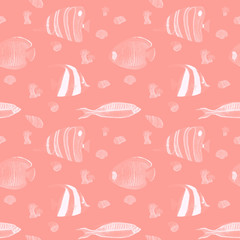 Hand drawn seamless pattern in watercolor sea natural element. Corals fish shells in pink monochrome