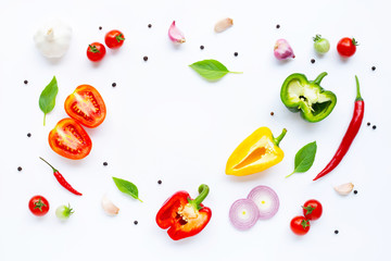 Various fresh vegetables and herbs on white background. Healthy eating concept