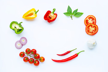 Various fresh vegetables and herbs on white background. Healthy eating concept