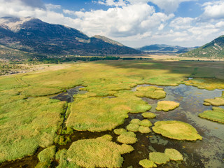 Aerial view of Stymphalia lake, located in the north-eastern part of the Peloponnese, in Corinthia, southern Greece