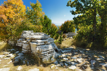 Stone forest, natural rock formation, created by multiple layers of stone, located near Monodendri village in Zagori region, Northern Greece.