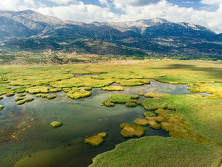 Aerial view of Stymphalia lake, located in the north-eastern part of the Peloponnese, in Corinthia, southern Greece